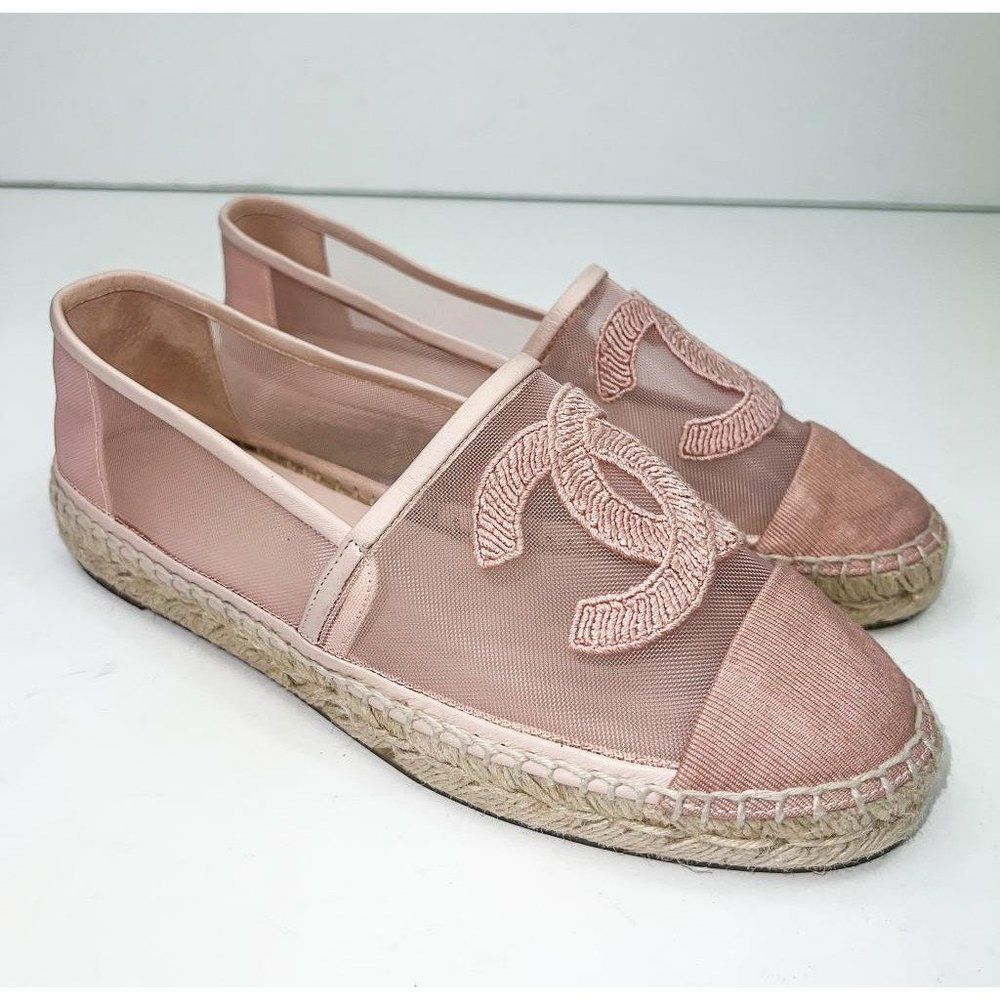 CHANEL Grosgrain Light Pink Mesh CC Logo Pink Cap Toe Flat Espadrilles Size EU37 - Picture 5 of 13